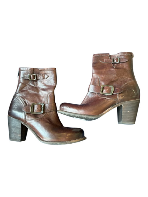 Frye Shoe Size 8 Dark Brown Leather Back Zip Block Heel Buckles Booties Dark Brown / 8