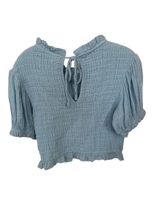Free People Size L Baby Blue Cotton Short Balloon Sleeve smocked Ruffles Top Baby Blue / L