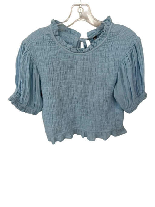 Free People Size L Baby Blue Cotton Short Balloon Sleeve smocked Ruffles Top Baby Blue / L