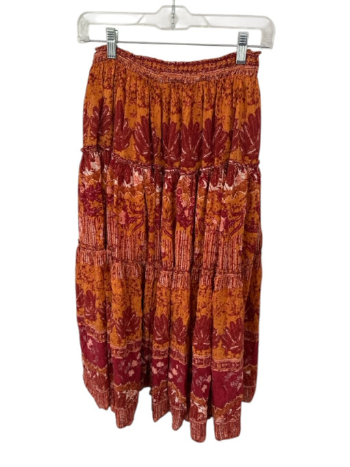 Free People Size S Orange & Red Viscose Elastic Waist feathers Maxi Skirt Orange & Red / S