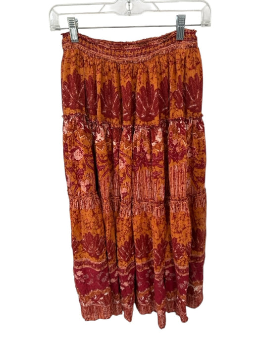 Free People Size S Orange & Red Viscose Elastic Waist feathers Maxi Skirt Orange & Red / S