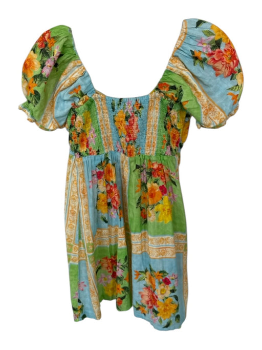 Show Me Your Mumu Size M Green & Blue Cotton Short Balloon Sleeve Flowers Dress Green & Blue / M