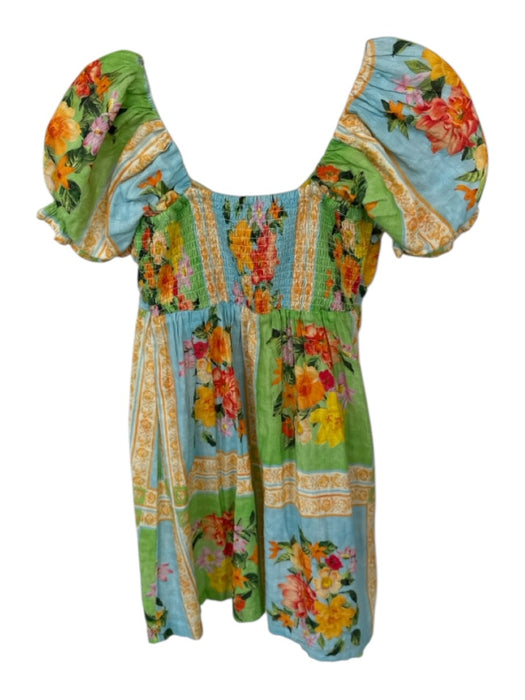 Show Me Your Mumu Size M Green & Blue Cotton Short Balloon Sleeve Flowers Dress Green & Blue / M