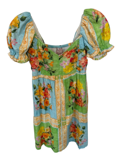 Show Me Your Mumu Size M Green & Blue Cotton Short Balloon Sleeve Flowers Dress Green & Blue / M