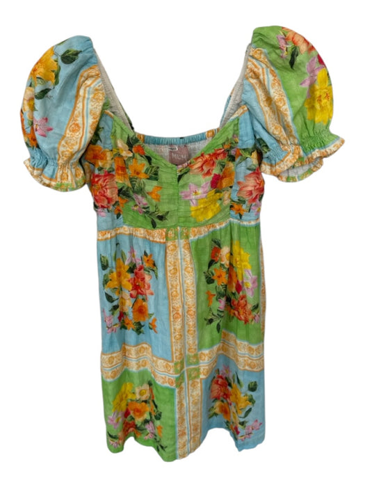 Show Me Your Mumu Size M Green & Blue Cotton Short Balloon Sleeve Flowers Dress Green & Blue / M