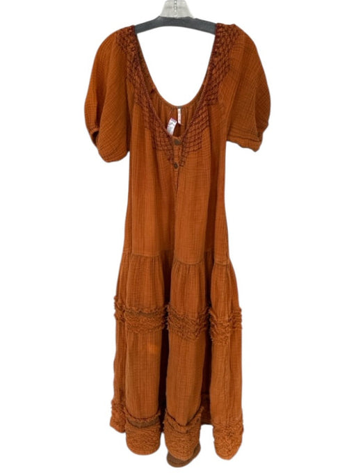 Free People Size S Rust Cotton Blend 3/4 Balloon Sleeve Button Down Maxi Dress Rust / S