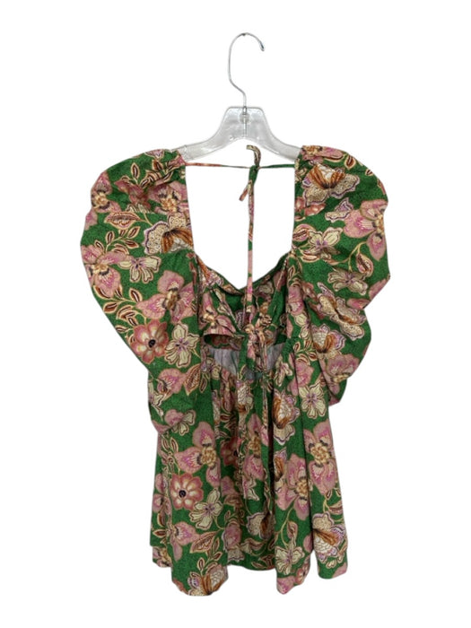 Misa Size S Green & Pink Cotton 3/4 Balloon Sleeve Flowers Back Tie Dress Green & Pink / S