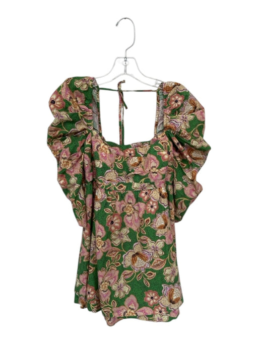 Misa Size S Green & Pink Cotton 3/4 Balloon Sleeve Flowers Back Tie Dress Green & Pink / S