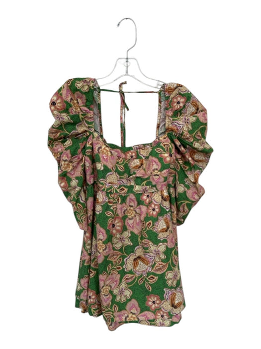 Misa Size S Green & Pink Cotton 3/4 Balloon Sleeve Flowers Back Tie Dress Green & Pink / S