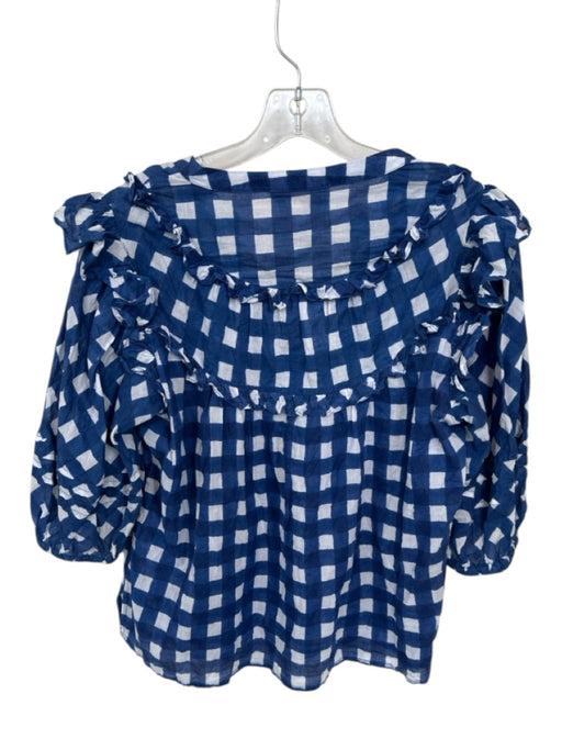 Cleobella Size S Navy & white Cotton Long Balloon Sleeve Squares Ruffles Top Navy & white / S