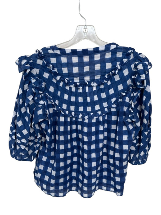 Cleobella Size S Navy & white Cotton Long Balloon Sleeve Squares Ruffles Top Navy & white / S