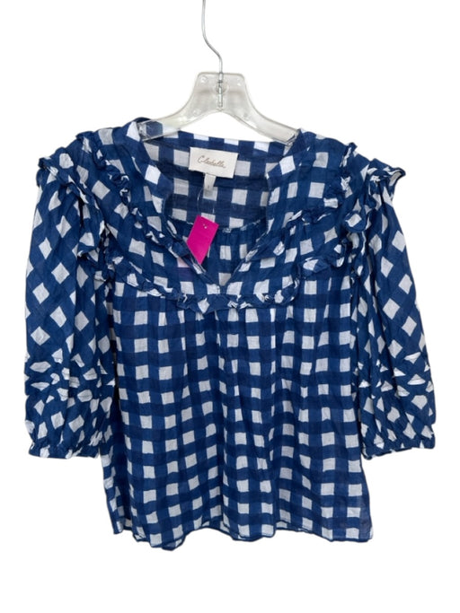 Cleobella Size S Navy & white Cotton Long Balloon Sleeve Squares Ruffles Top Navy & white / S