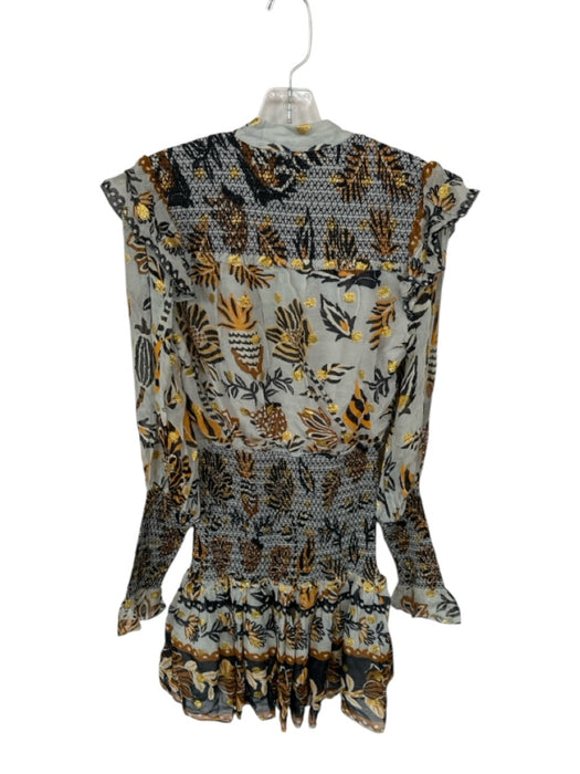 Farm Rio Size XS Gray & Gold Viscose Long Balloon Sleeve Botanical Dress Gray & Gold / XS