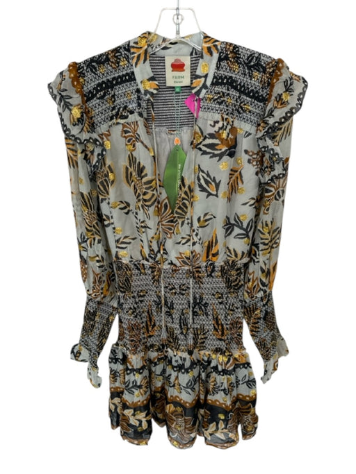 Farm Rio Size XS Gray & Gold Viscose Long Balloon Sleeve Botanical Dress Gray & Gold / XS
