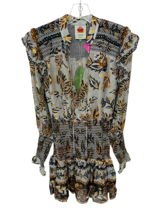 Farm Rio Size XS Gray & Gold Viscose Long Balloon Sleeve Botanical Dress Gray & Gold / XS