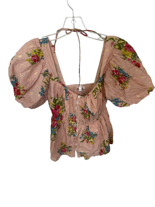 Love The Label Size XS Pink Multi Cotton Floral Buttons Balloon Sleeve Top Pink Multi / XS