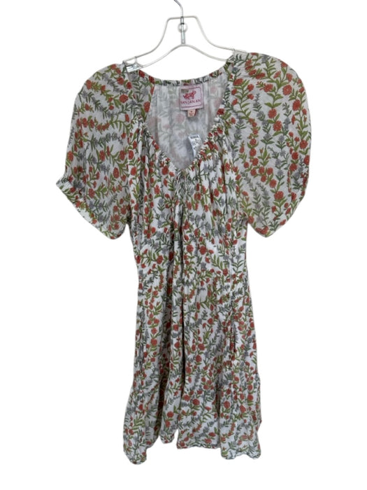 Banjanan Size M Green & Orange Cotton Short Sleeve Flowers Drawstring Neck Dress Green & Orange / M