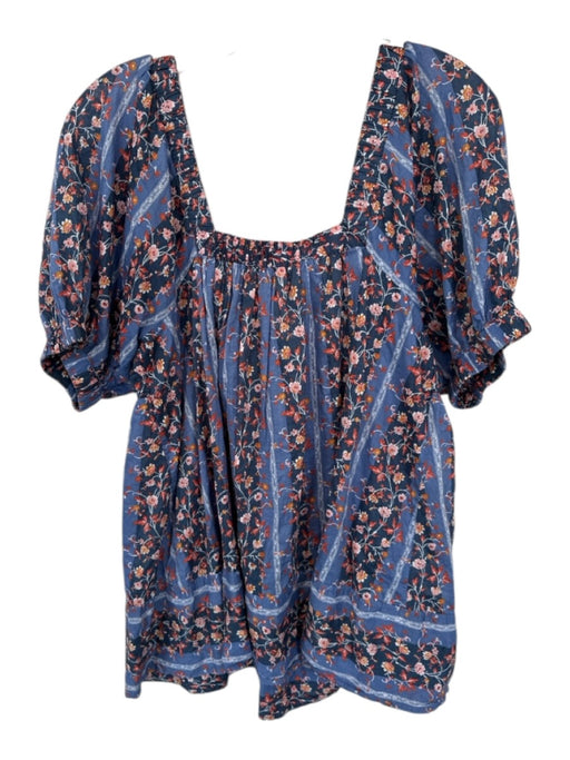 Free People Size XS Navy & Orange Cotton Short Balloon Sleeve Floral Top Navy & Orange / XS