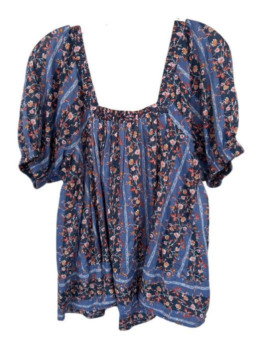 Free People Size XS Navy & Orange Cotton Short Balloon Sleeve Floral Top Navy & Orange / XS