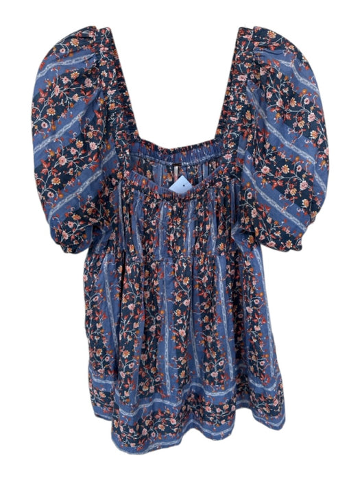 Free People Size XS Navy & Orange Cotton Short Balloon Sleeve Floral Top Navy & Orange / XS