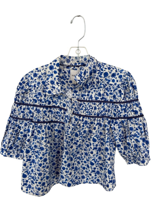 Maeve Size S Blue & White Cotton Short Sleeve Flowers Button Down Collar Top Blue & White / S