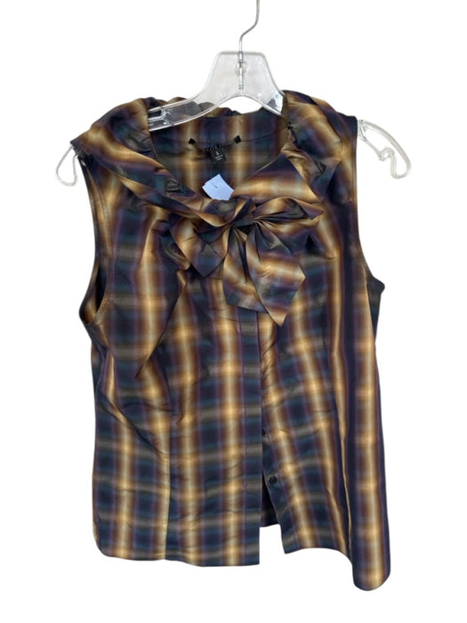 Lafayette 148 Size 6 Tan & Purple Polyester Sleeveless Plaid Button Down Bow Top Tan & Purple / 6