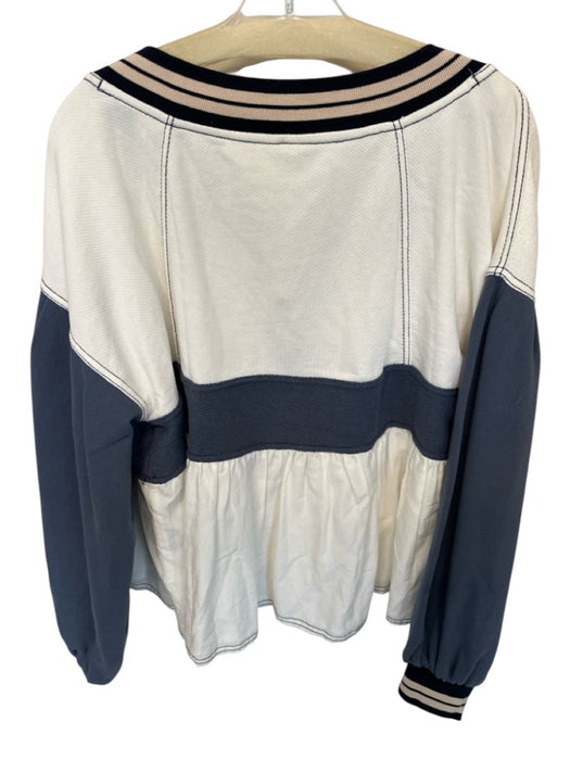 Pilcro Size M White & Navy Cotton Blend Long Balloon Sleeve Peplum V Neck Top White & Navy / M
