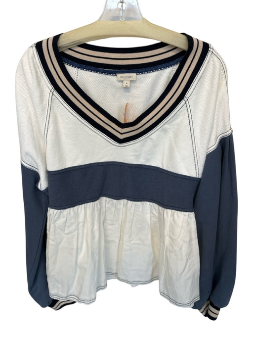 Pilcro Size M White & Navy Cotton Blend Long Balloon Sleeve Peplum V Neck Top White & Navy / M