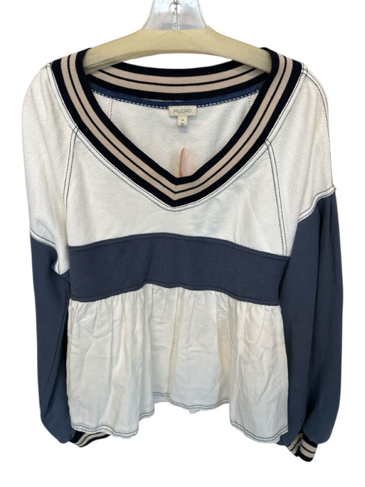 Pilcro Size M White & Navy Cotton Blend Long Balloon Sleeve Peplum V Neck Top White & Navy / M
