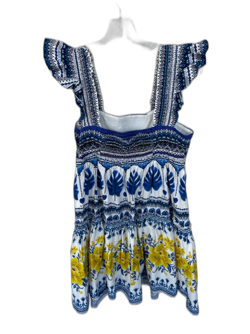 Farm Rio Size M Blue & Yellow Cotton Sleeveless Flowers Smocked Dress Blue & Yellow / M