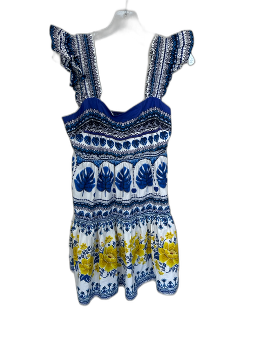 Farm Rio Size M Blue & Yellow Cotton Sleeveless Flowers Smocked Dress Blue & Yellow / M