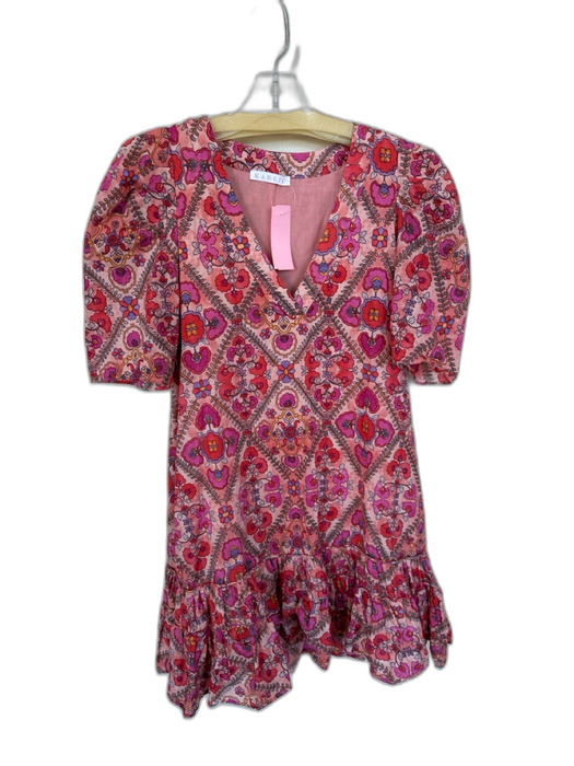 Karlie Size S Peach & Purple Print Cotton Short Sleeve Botanical V Neck Dress Peach & Purple Print / S