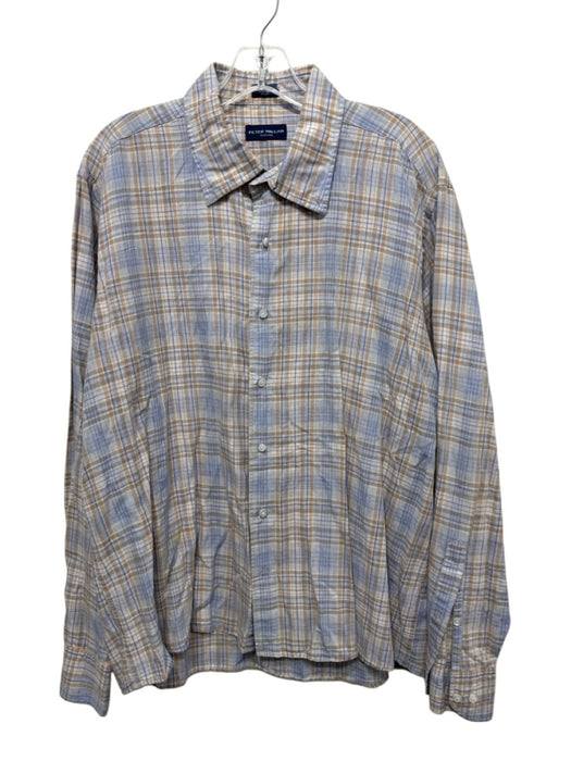 Peter Millar Size XL Tan & Blue Cotton Blend Plaid Button Up Long Sleeve Shirt Tan & Blue / XL