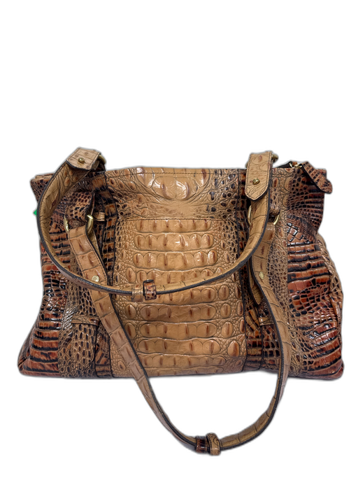 Brahmin Tan, Orange, Black Leather Zip Close Croc Embossed Top Handles Tote Bag Tan, Orange, Black / Large