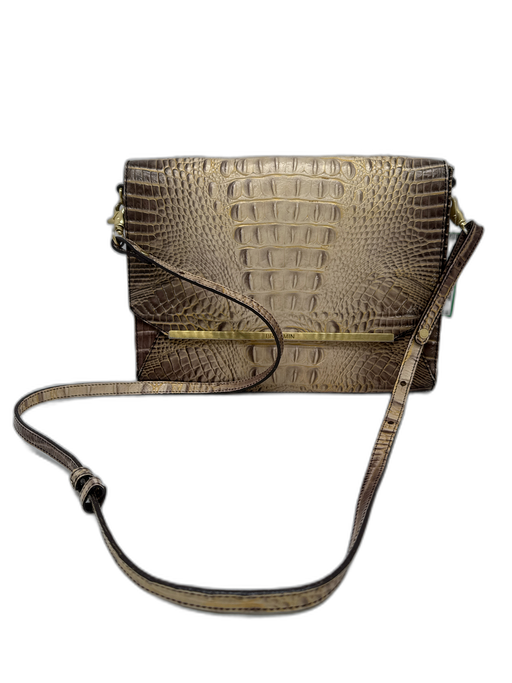 Brahmin Gray, White, Gold Leather Flap Croc Embossed Crossbody Strap Bag Gray, White, Gold / Medium