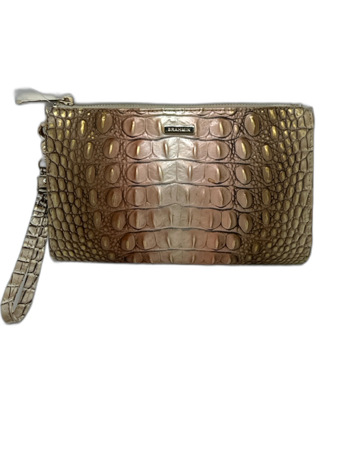 Brahmin White, Pink, Gold Leather Zip Close Croc Embossed Wristlet Clutch Bag White, Pink, Gold / Small