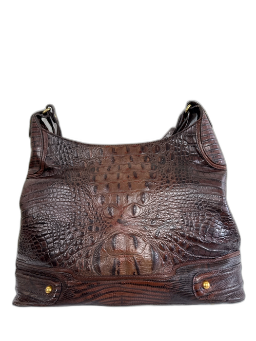Brahmin Brown Leather Croc Embossed Gold Tone Hardware Zipper Closure Bag Brown