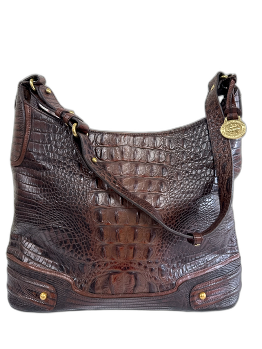Brahmin Brown Leather Croc Embossed Gold Tone Hardware Zipper Closure Bag Brown