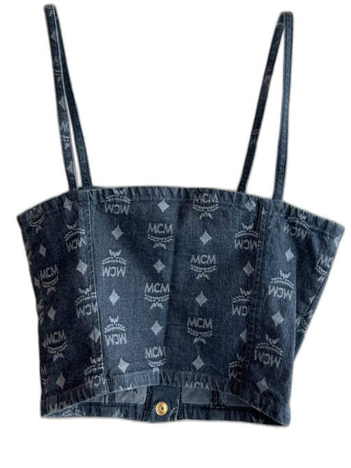 MCM Size XS Grey Cotton Denim Spaghetti Strap Cropped Logo Top Grey / XS