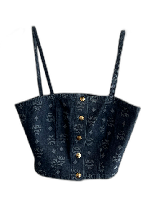 MCM Size XS Grey Cotton Denim Spaghetti Strap Cropped Logo Top Grey / XS