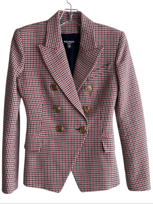 Balmain Size 36 Red & Blue Virgin Wool Houndstooth Button Front Blazer Jacket Red & Blue / 36
