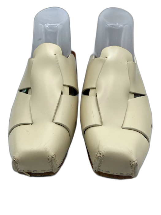 Hereu Shoe Size 40 Cream & Brown Leather Upper Wood Sole Woven Sandal Clog Mules Cream & Brown / 40