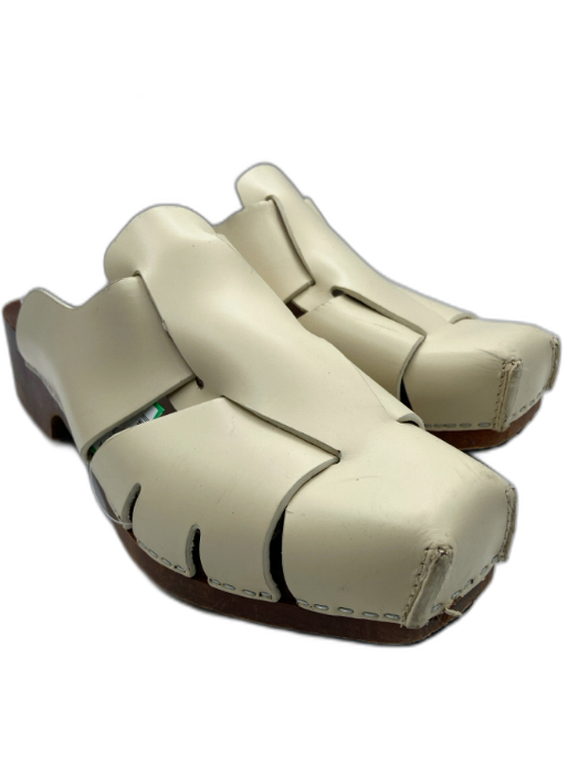 Hereu Shoe Size 40 Cream & Brown Leather Upper Wood Sole Woven Sandal Clog Mules Cream & Brown / 40