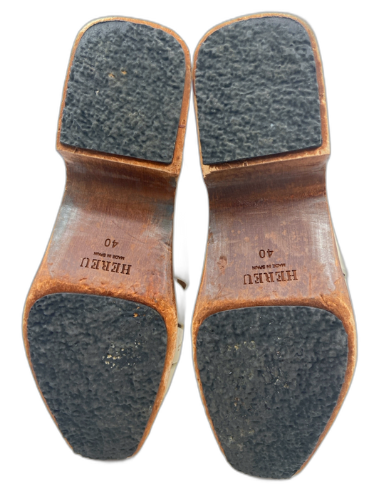 Hereu Shoe Size 40 Cream & Brown Leather Upper Wood Sole Woven Sandal Clog Mules Cream & Brown / 40