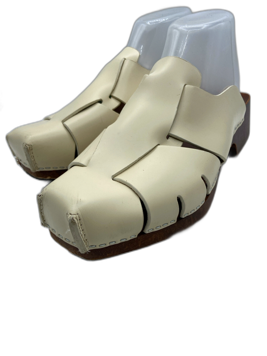 Hereu Shoe Size 40 Cream & Brown Leather Upper Wood Sole Woven Sandal Clog Mules Cream & Brown / 40