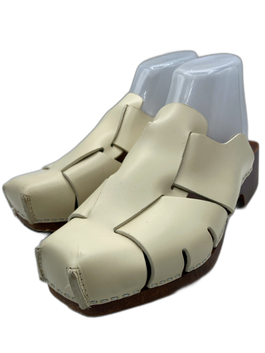 Hereu Shoe Size 40 Cream & Brown Leather Upper Wood Sole Woven Sandal Clog Mules Cream & Brown / 40