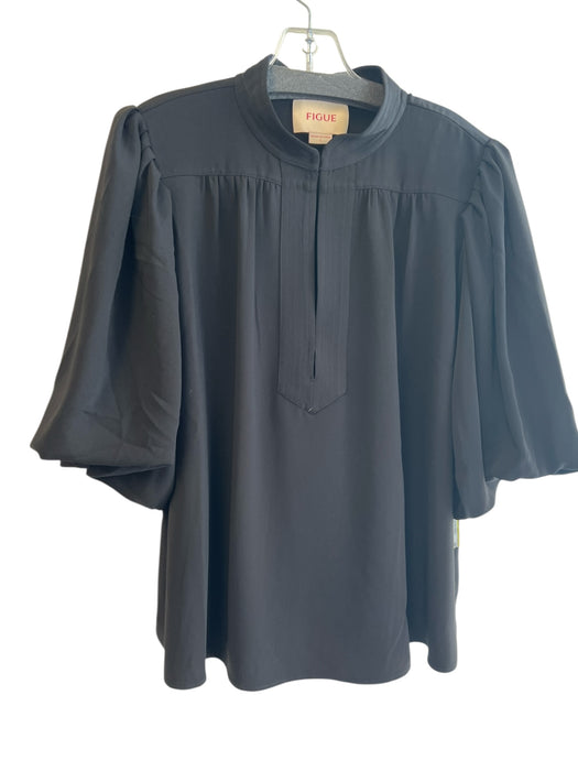 Figue Size L Black Polyester Mandarin Collar V Neck Half Puff Sleeves Top Black / L