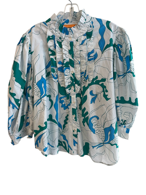 Oliphant Size XL Blue 100% Cotton Ruffle Neck Button Down Floral Button Down Top Blue / XL