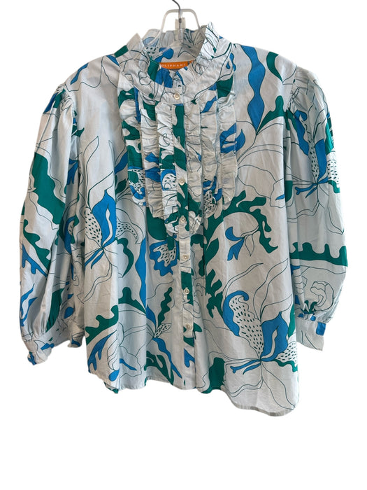 Oliphant Size XL Blue 100% Cotton Ruffle Neck Button Down Floral Button Down Top Blue / XL