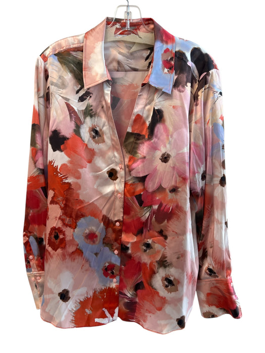 Elie Tahari Size XL Red & Multi 100% Silk floral watercolor Button Down Top Red & Multi / XL
